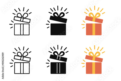 Gift Box Evolution. Gift box with lid slightly lifted showing glow first in line style with thin outline, second in solid style