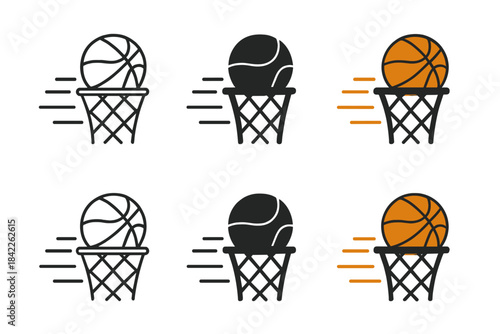 Ball's Dynamic Journey. Ball going through net leaving motion lines first in line style with thin outline, second in solid style