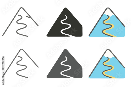 Snowboard Trail Styles. Mountain slope with snowboard trail zigzagging down first in line style with thin outline, second in solid