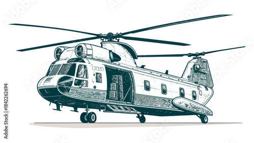 Military transport helicopter silhouette vector ready for deployment, signifying logistics and heavy lift capabilities.