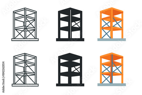 Steel Frame Evolution. Steel Frame Build first in line style with thin outline, second in solid style filled shape, third in flat
