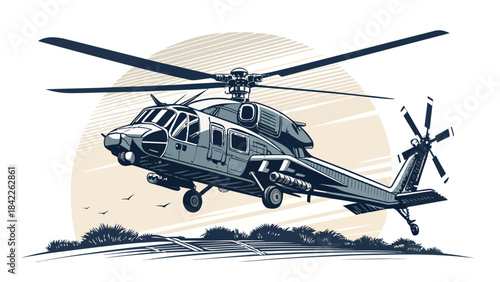 Dual rotor helicopter silhouette vector in flight against a white background, representing aviation and power.