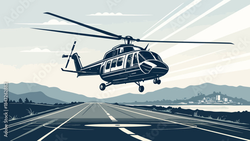 Black helicopter silhouette vector landing gently on a white background, symbolizing transport and travel.