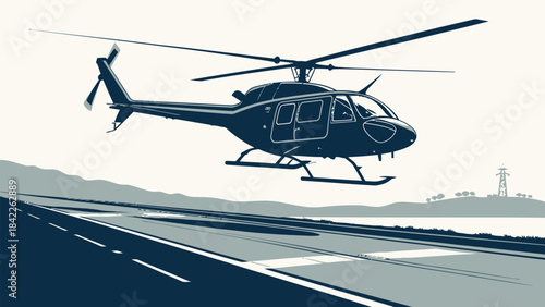 Black helicopter silhouette vector landing gently on a white background, symbolizing transport and travel.
