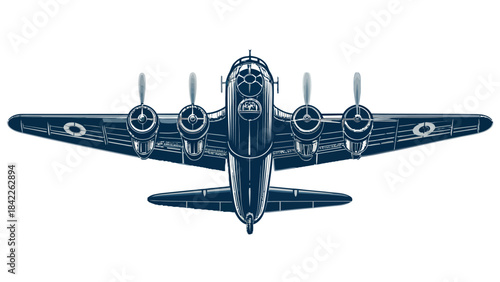 Heavy bomber aircraft silhouette, multi-engine design vector for strategic air power and historical warfare themes.