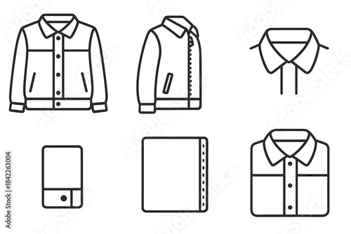 Jacket Line Style Icons. Line style vector icons of button zip jacket: front view with buttons, side view with zipper, collar