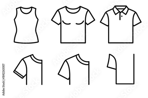 Structured Upperwear Icons. Line style vector icons of structured upperwear: shaped torso shell, contoured chest outline, molded