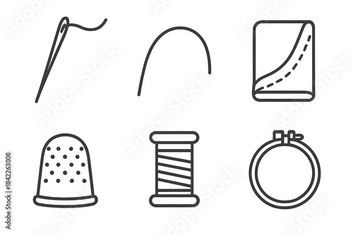 Delicate Tailoring Icons. Line style vector icons of delicate tailoring: slim sewing needle, precise thread arc, folded cloth seam