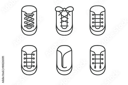 Secure Shoe Closure Icons. Line style vector icons of secure shoe closures: tightened lace band, firm bow knot, consistent eyelet