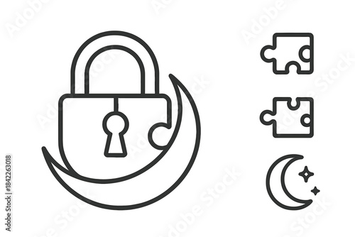 Secure Crescent Icons. Line style vector icons of secure riddle crescent: firm lock body, narrow key slot, matching puzzle tab,