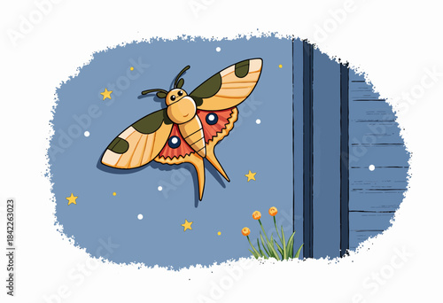 Illustrated Moth in Night Sky with Stars and Floral Elements Near a Wooden Structure