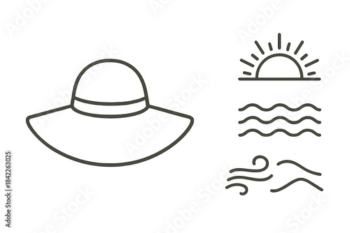 Seaside Brimmed Hats. Line style vector icons of seaside brimmed headwear: broad hat brim, rounded top dome, coastal ripple mark,
