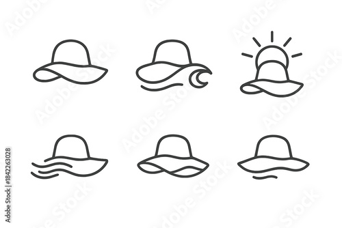 Summer Shore Hat Icons. Line style vector icons of summer shore hat concepts: curved brim fold, neat crown contour, coastal wave