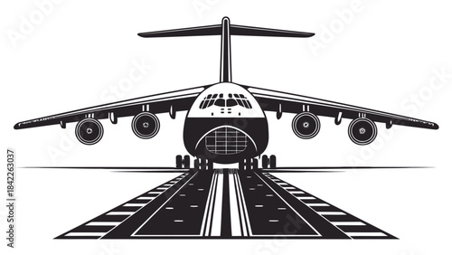 Military cargo aircraft silhouette, robust transport plane design, vector illustration for logistics and heavy lift capabilities.