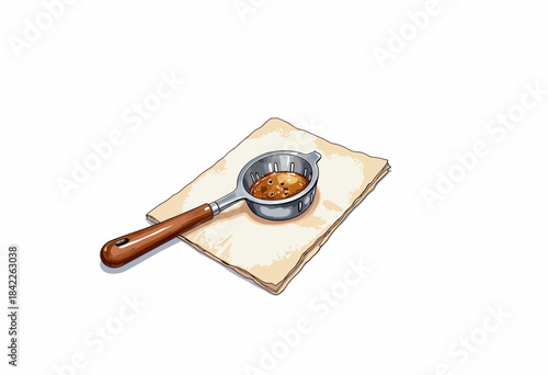 Illustration of a Metal Strainer with Wooden Handle on Paper Napkin Showcasing Simple Everyday Kitchen Utensil Composition and Design