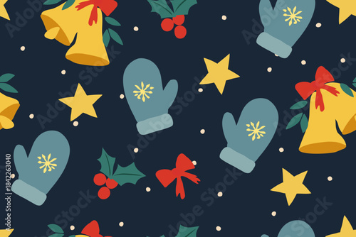 A festive seamless pattern featuring Christmas mittens, bells, stars, holly leaves, and red bows on a dark background, creating a cheerful holiday and winter mood.