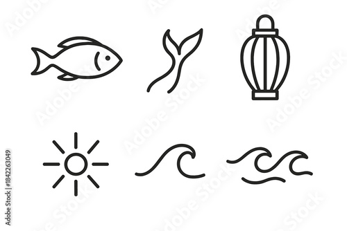 Watery Lantern Motion Icons. Line style vector icons of watery lantern motion: curved fish profile, flicked tail tip, airy lantern