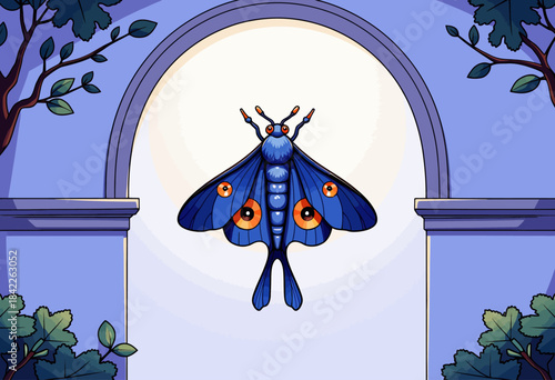 A Vivid Blue Moth Hovering Majestically Within an Elegant Archway Framed by Lush Green Leaves Against a Soft Gradient Sky Creating a Serene Atmosphere of Tranquility and Grace