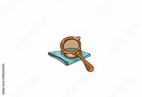 Detailed illustration of a brown wooden sieve with a handle resting atop a neatly folded teal cloth, set against a minimalistic white background