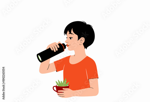 Illustration of a Young Person Drinking from a Water Bottle While Holding a Small Plant in a Pot, Dressed in a Bright Casual Outfit Against a Minimalist Background