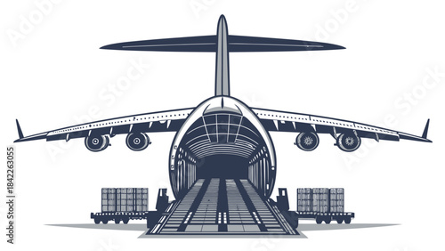Military cargo aircraft silhouette, robust transport plane design, vector illustration for logistics and heavy lift capabilities.
