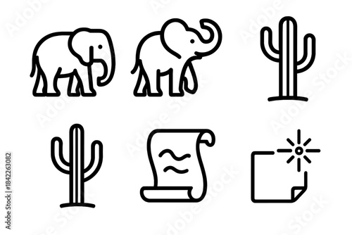 Elephant and Cactus Lines. Line style vector icons of elephantine cactus scriptline: elephant stance, lifted trunk line, slender