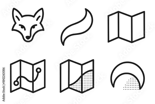Vulpine Vector Design. Line style vector icons of vulpine chart shade: alert fox figure, sweeping tail curve, open chart fold,