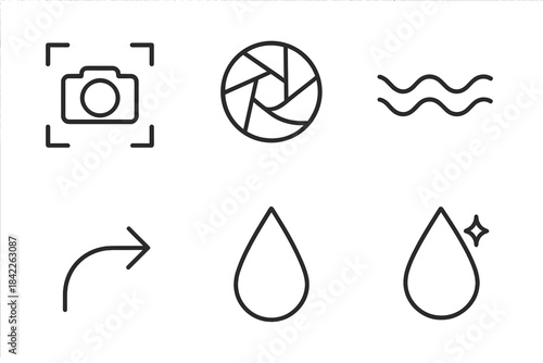 Vector Trail Icons. Line style vector icons of image trail moisture: camera frame contour, lens opening, trail pattern line, path