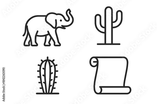 Pachyderm Desert Icons. Line style vector icons of pachyderm desert manuscript: broad elephant figure, lifted trunk tip, desert