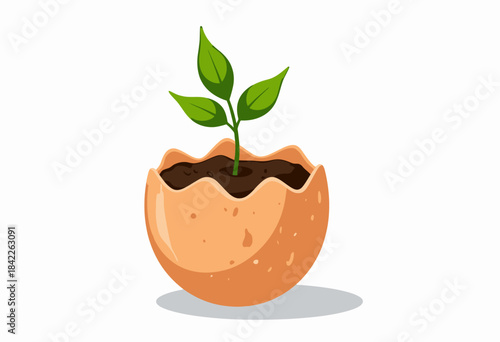 Illustration of a Seedling in a Cracked Eggshell Filled with Soil Representing Growth and Sustainability in Nature-Inspired Eco-Friendly Gardening
