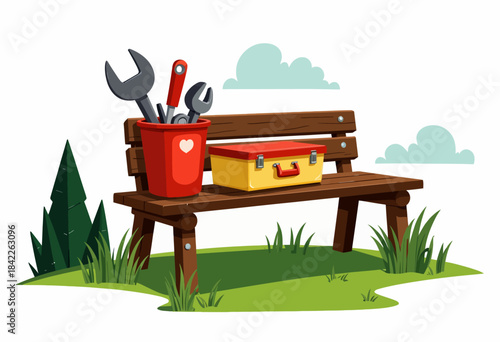 Wooden Bench with Tool Bucket and Lunch Box in a Lush Green Park Under a Clear Sky with Fluffy Clouds and Distant Trees