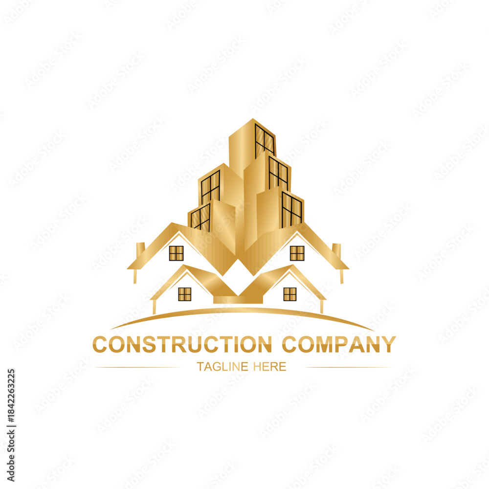 Obraz premium Construction logo, real estate logo, home renovation, golden, luxury logo, Architecture logo