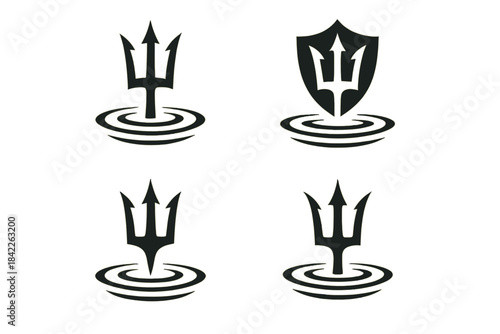 Trident over Calm Waters. Icons for: a trident rising above a silent wake, a three-tip crest over calm ripples, a pointed emblem