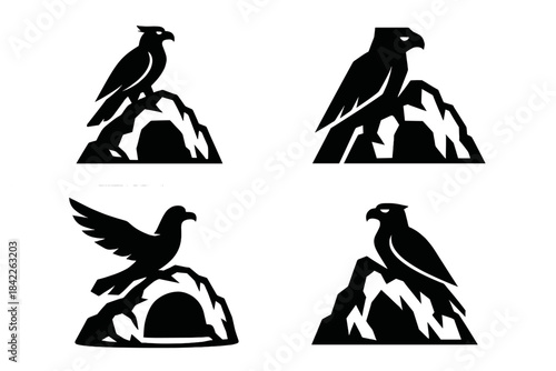 Rugged Shelter Bonding. Icons for: a rugged shelter bonding with a bold bird, a hard-edged refuge meeting a strong flyer, a stone