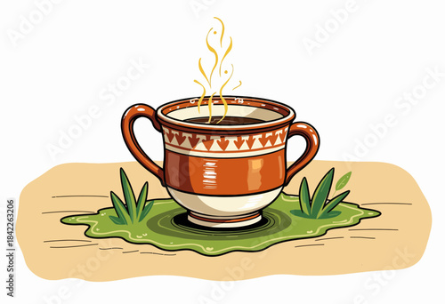 Intricately Patterned Ceramic Cup of Hot Beverage on Natural Surface Surrounded by Greenery and Steam Rising Gracefully