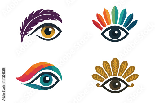 Colorful Eye Arcs. Icons for: a feathered arc holding a bright gaze, a fanned array supporting a focused eye, a colorful sweep