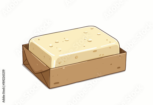 Illustrative Representation of a Creamy Bar of Fresh Soap Resting in a Simple, Rustic, Brown Paper Box on a Clean, White Background
