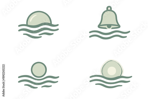 Oceanic Icons Symphony. Icons for: a translucent dome caught in moving surf, a pale bell riding rhythmic water, a soft orb