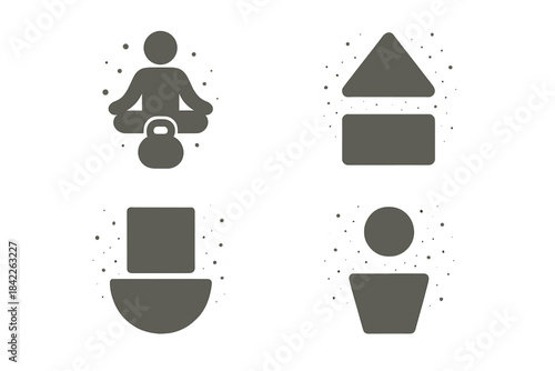 Grounded Tranquility Fusion. Icons for: calm weight meeting airy motion, grounded strength blending with drifting particles, solid
