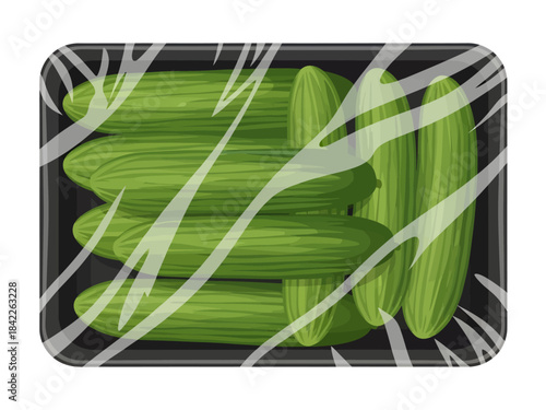 Fresh green cucumbers are stacked horizontally and vertically within a black rectangular tray, sealed beneath gleaming stripes of clear plastic wrap in this vector illustration