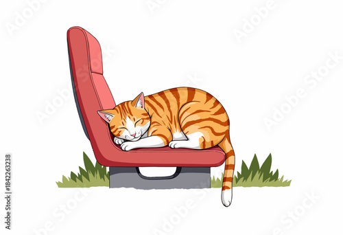 Illustration of a Contented Orange Tabby Cat Sleeping Peacefully on a Red Car Seat Surrounded by Green Grass on a White Background