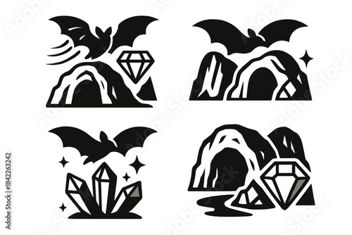 Mystical Cave Flight. Icons for: motion linking wingbeat, cavern depth, and shimmer, quiet flight uniting stone and sparkle, night