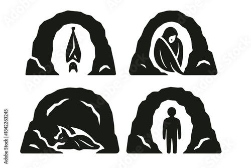 Enigmatic Rock Formations. Icons for: a cave arch framing a hanging sleeper, a rocky hollow embracing a folded-wing figure, a dark