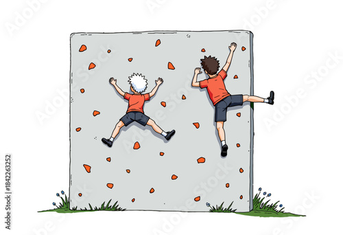 Children Engage in Outdoor Adventure on Climbing Wall with Colorful Handholds and Greenery