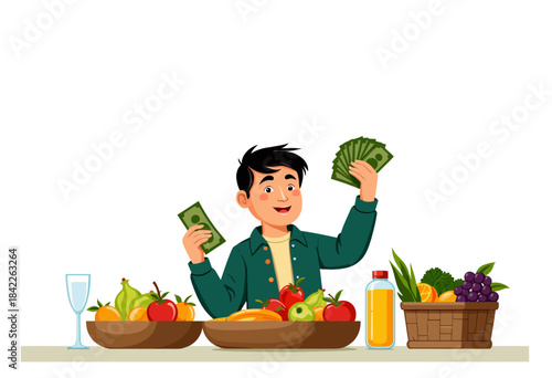 Smiling Young Adult Counting Money While Shopping for Fresh Fruits and Vegetables at a Local Market Stall with Colorful Produce on Display
