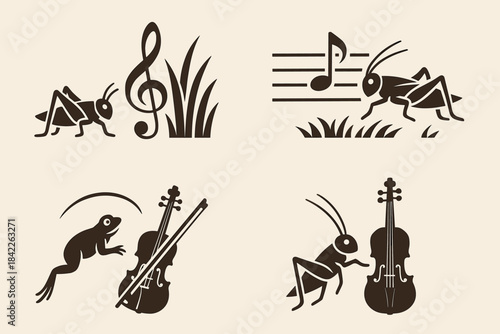 Nature's Musical Ensemble. Icons for: sound tying insect, grass, and strings, melody weaving field and chirp, rhythm uniting leap