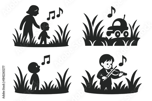 Serenade in the Meadow. Icons for: a meadow hum guiding a small performer, grasswide echoes steering a delicate rover, open-field