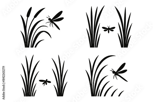 Reeds and Insect. Icons for: swamp reeds brushing a hovering insect, tall marsh stems framing a tiny flyer, wetland blades