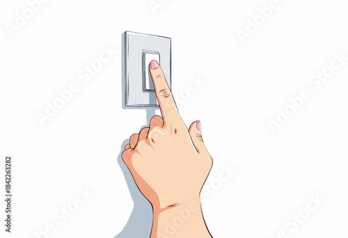 Illustration of a Hand Pressing a Light Switch on a Wall Emphasizing Interaction with Everyday Household Technology and Energy Conservation Efforts
