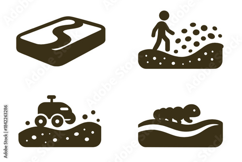 Winding Soil Paths. Icons for: a soil bed shaping a winding route, earthy grains steering a subtle traveler, loose ground guiding